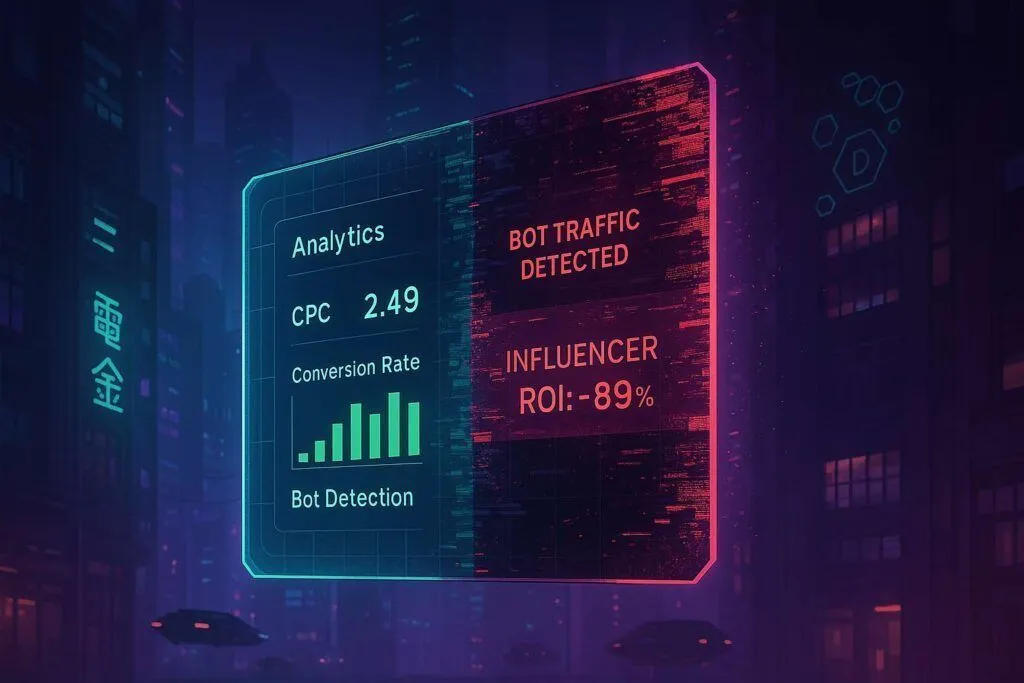 An analytics display splitting into bot traffic and negative influencer return
